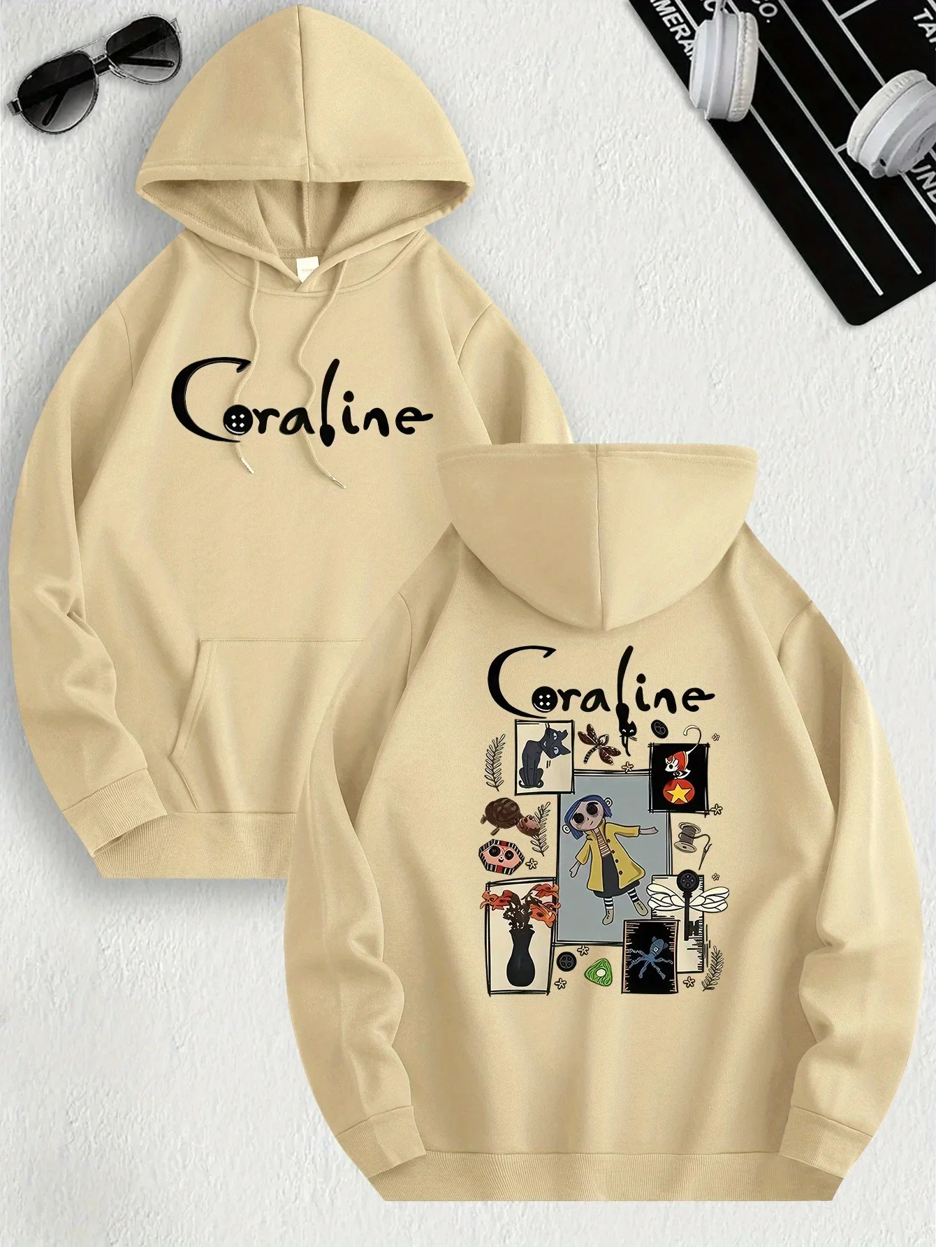 سترة كاجوال مستوحاة من كورالاين للنساء من نسيج البوليستر المحبوك بأكمام طويلة ومناسب عادي مع غطاء للرأس مع امتداد طفيف