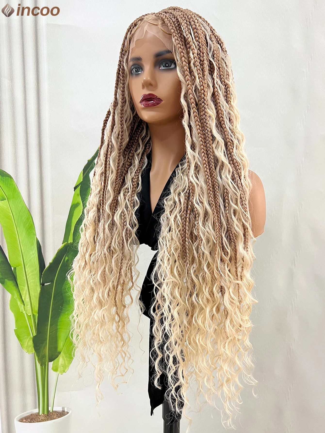 

Блондинка 27 613 Плетеные парики для чернокожих женщин Бохо Коробка Коса Парик с вьющимися волосами Квадратная богиня Богемная коробка Косички Парик