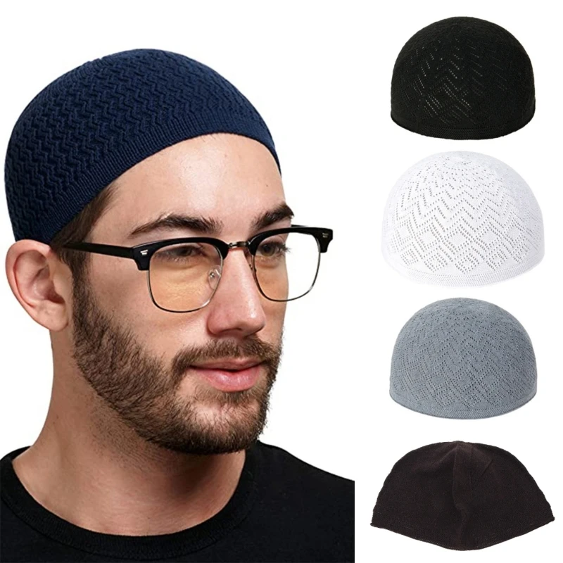 Breathable Muslims Adult Knit Kufi Elastic Hollow out Islamic Knit Kufi Inner Hat Casual Church Pray Lightweight Hat