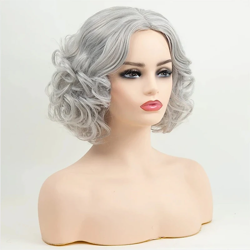 Synthetic Hair Gray Wigs Older Silver Grey Short Curly Bob Wigs
