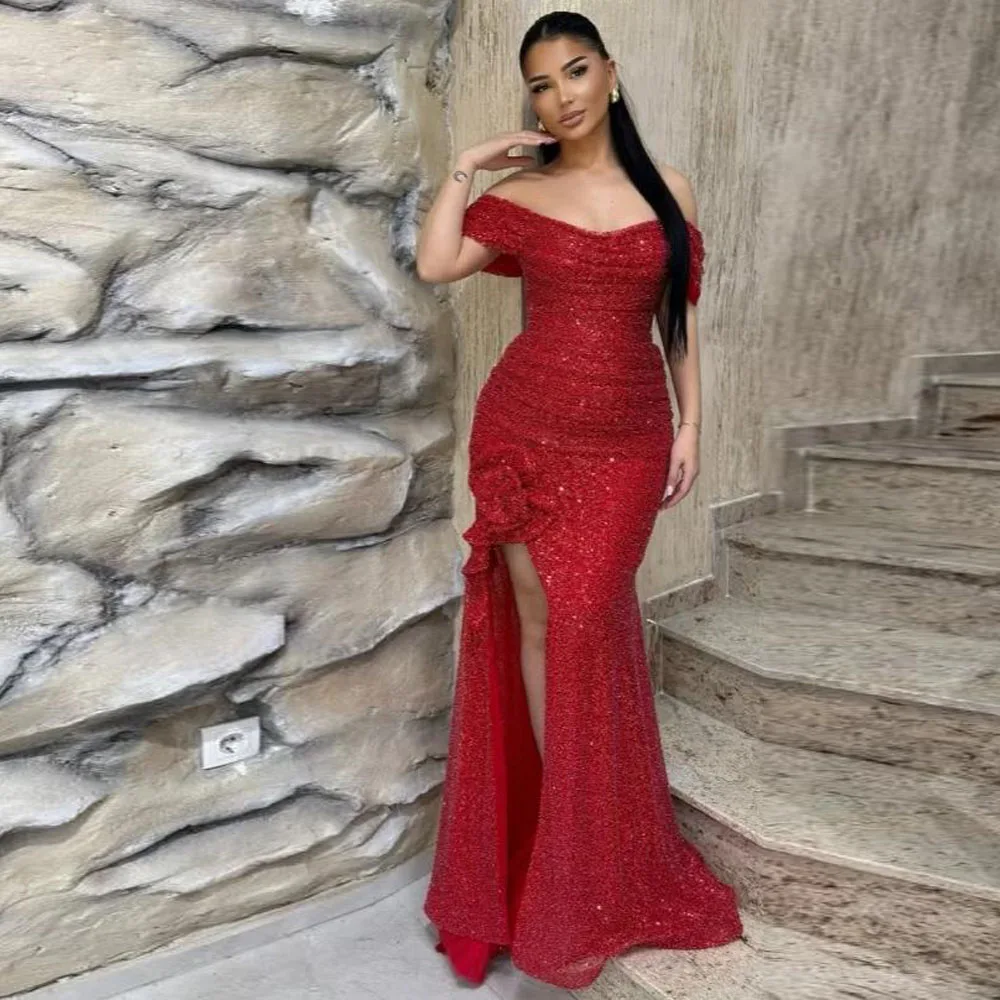 

Customized Sparking Sequin Prom Dresses with Split Off the Shoulder With Flower Formal Cocktail Dress Pleat Mermaid Evening Gown
