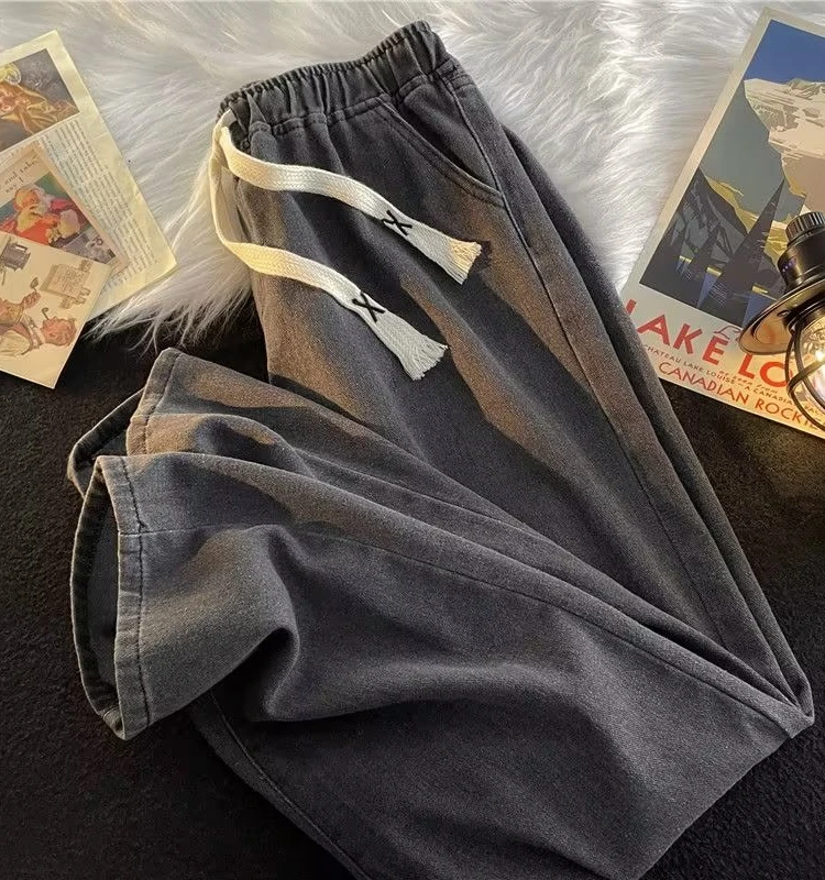 

Мужские прямые джинсы со средней талией, повседневные брюки со шнурком, свободный пояс, американский уличный ремень, весна-осень