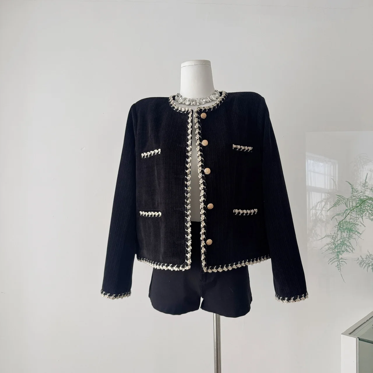 Handmade Beads Lace Collar/velvet Coat Autumn Women Black Jackets