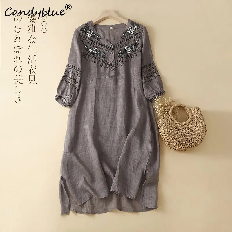 Women Dress 2023 Summer New Cotton Hemp Fashion Vintage Ethnic Embroidery Artistic Temperament V-Neck Dresses Female Clothing