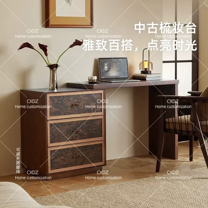 Medieval Style Solid Wood Dresser Retractable Chest Cabinet Integrated Makeup Table Retro Corner Bedside Cabinet for Small