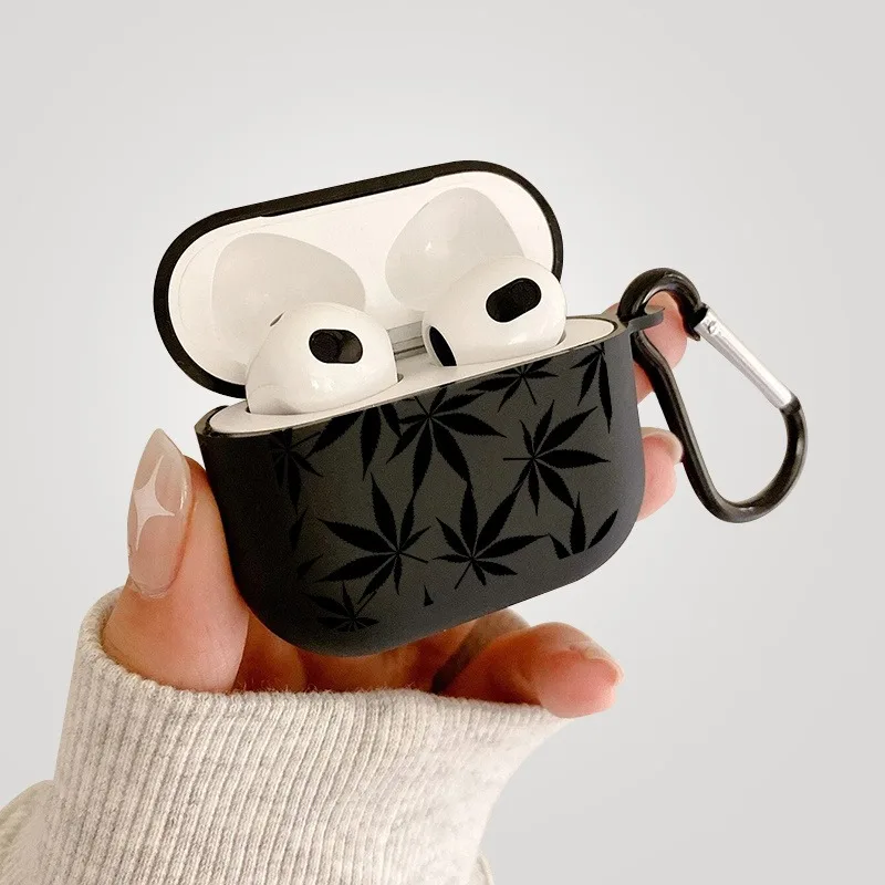 

Black Leaves Graphic Headset Case for AirPods Pro2/Pro with Keychain for AirPods 1/2Charging Box Fundas for AirPods 3 4 Case