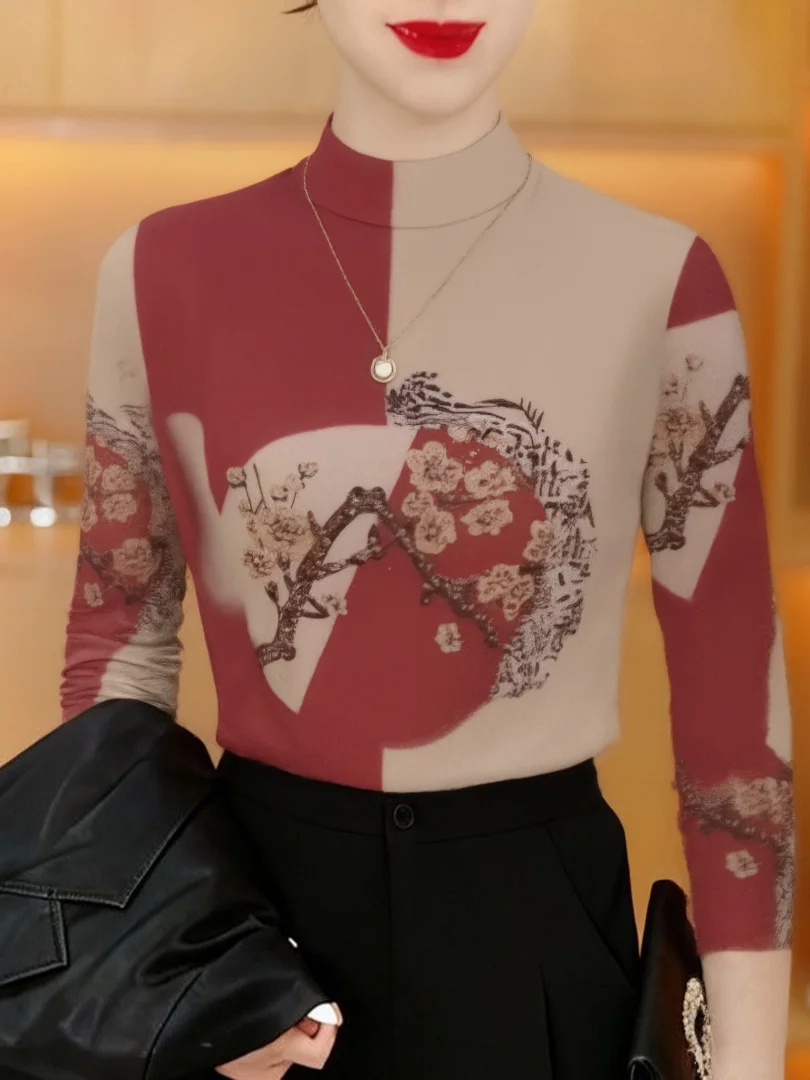 

Теплый флисовый топ с длинными рукавами и цветочным принтом, с высоким воротником, утягивающий, скрывающий живот, в повседневном стиле, из полиэфирного волокна, для женщин/мам.