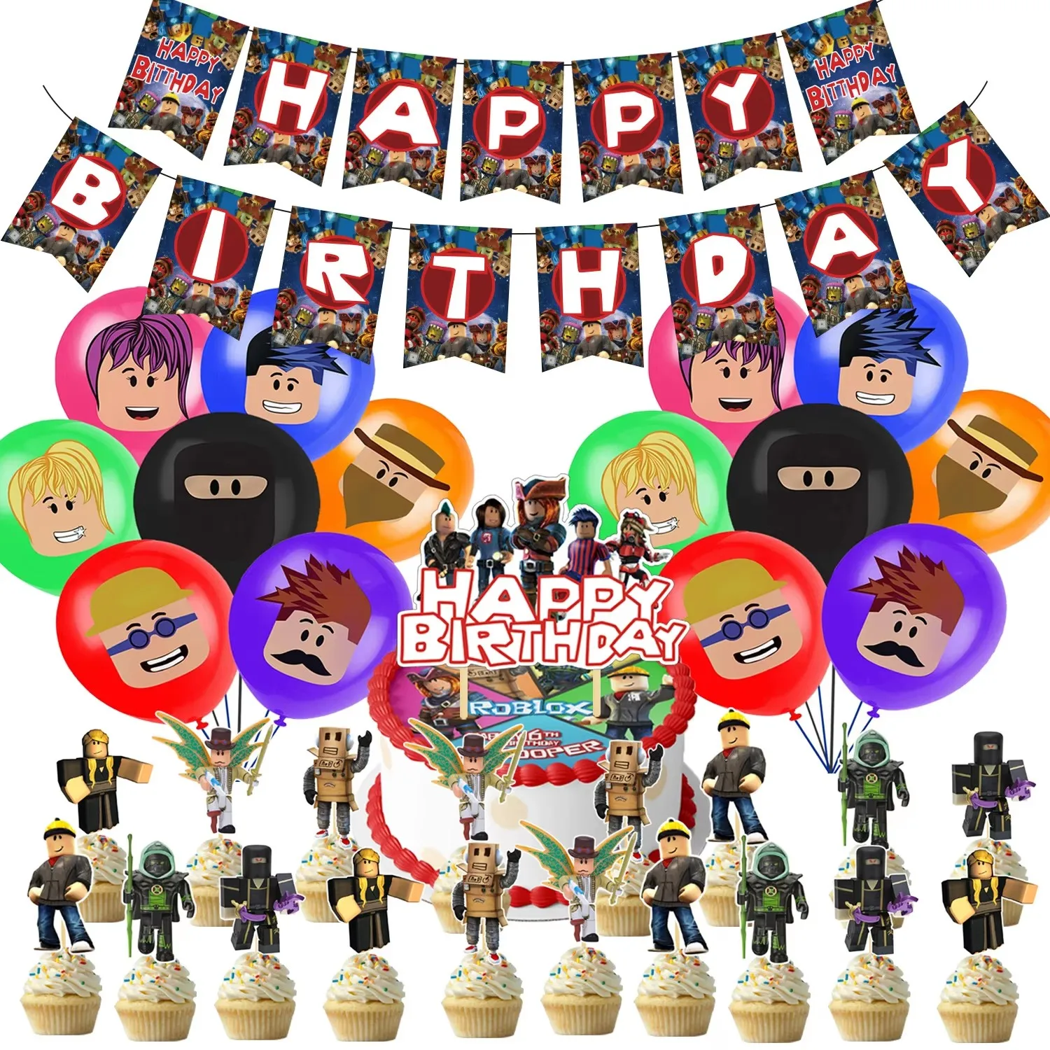 New ROBLOX Birthday Party Decoration Pull Flag Banner Balloon Cake Topper Set Party Supplies Girls Kids Boys Favor Gift Game DIY