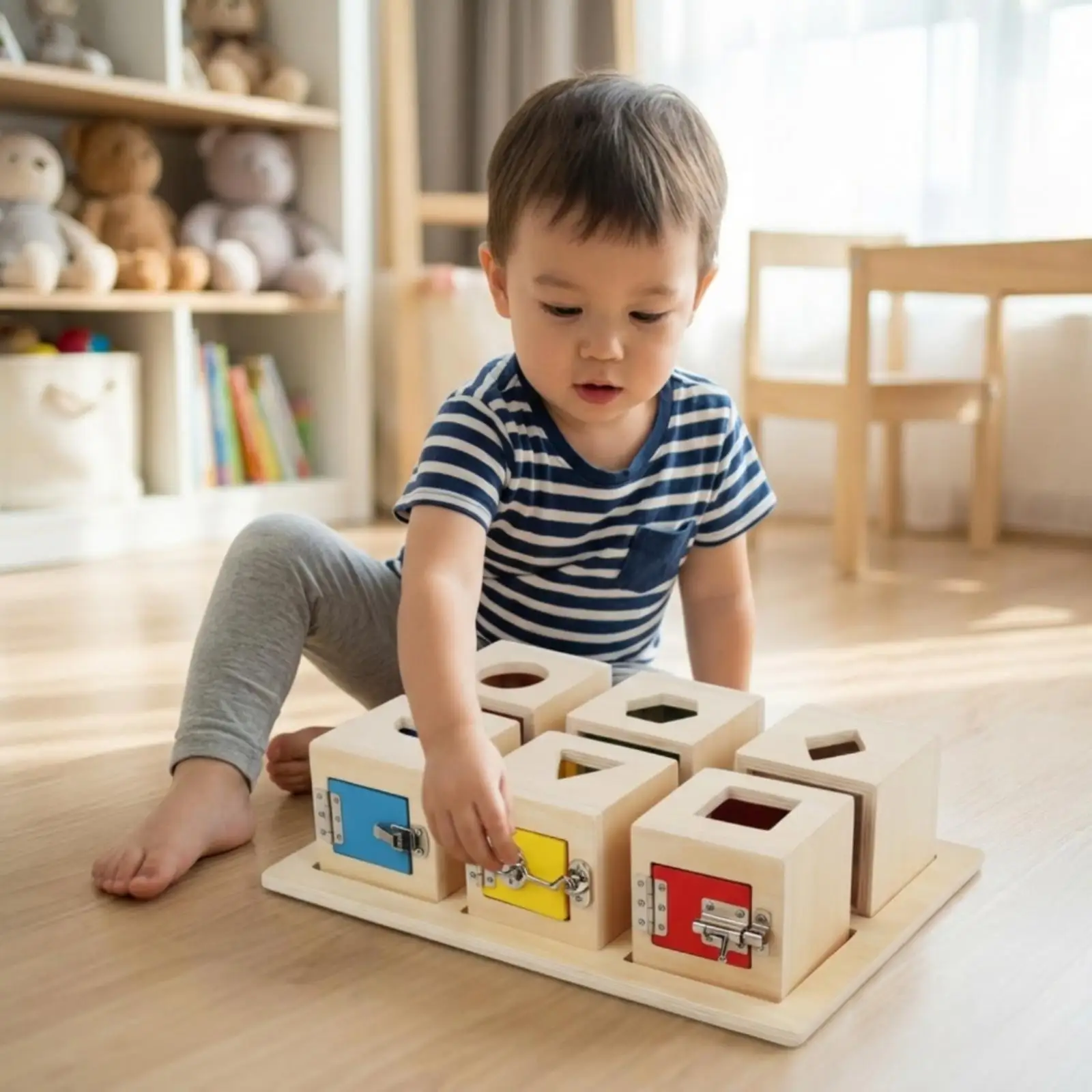 Wooden Learning Lock Toy Set with Six Shape Matching Compartments for Kids Problem Solving