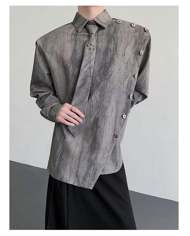 2025 Spring and Autumn New Men's Retro Style Gray Gradient Design Asymmetrical Placket Padded Shoulder Self-tie Shirt