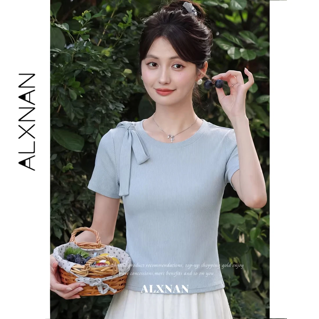 

ALXNAN Синяя футболка с бантом на плече, из ребристой ткани, с коротким рукавом, летняя, элегантная, приталенная, женская, 2026, L63692A