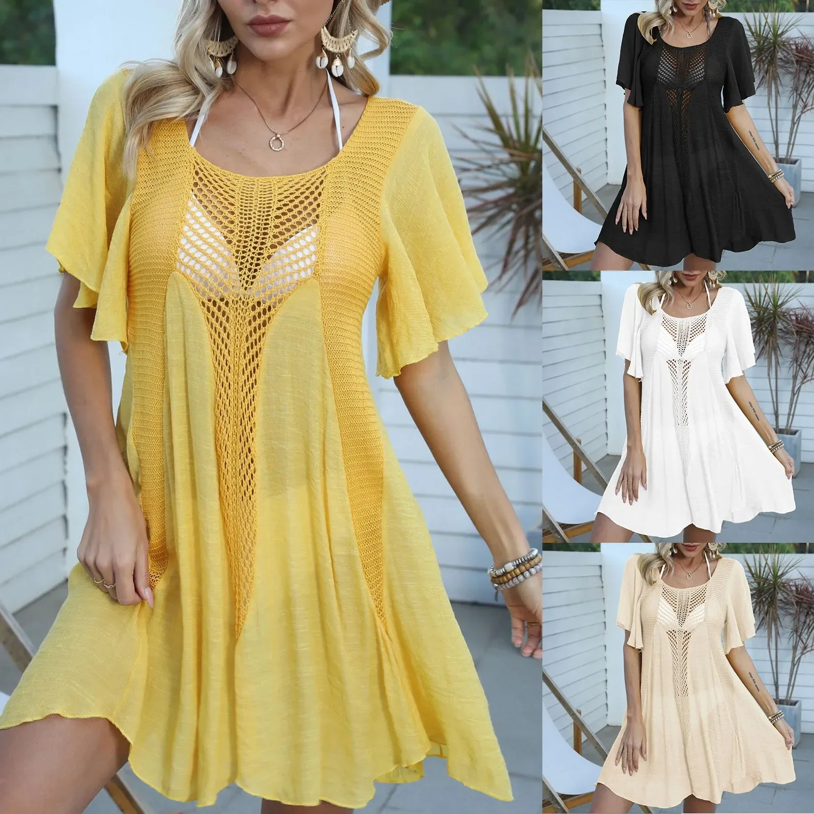 فستان نسائي لتغطية عطلة الشاطئ، ملابس أوروبية وأمريكية، خياطة منسوجة، فستان تنورة كبير غير منتظم