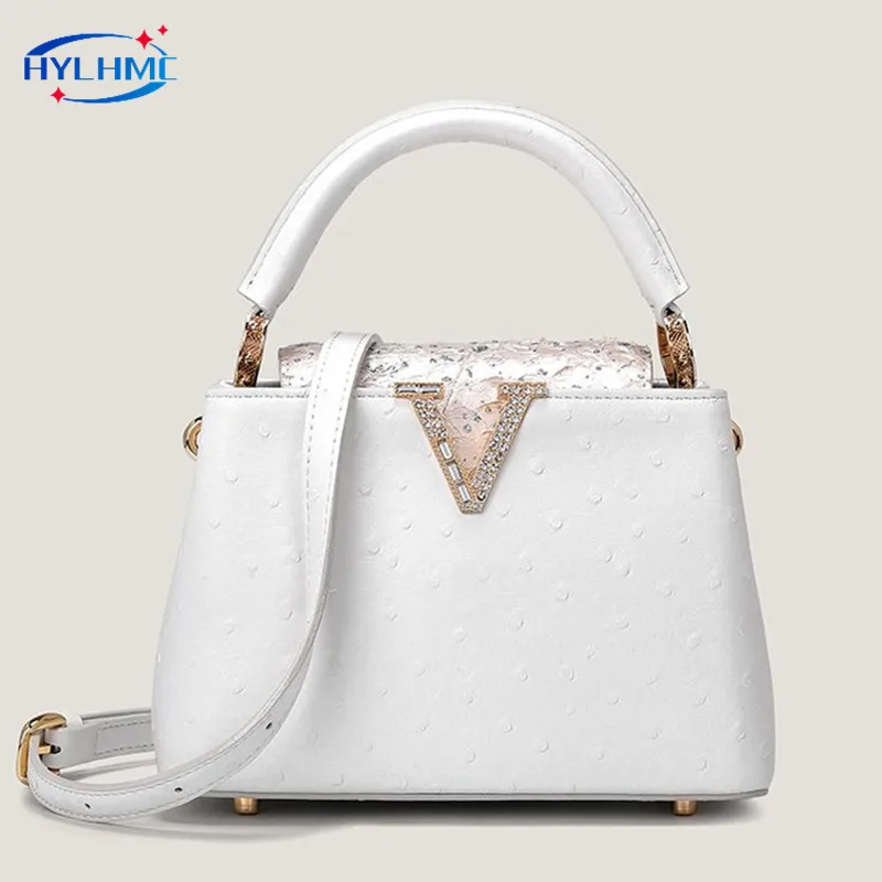 

2024 New Sostrich Print Leather Women Handbags Luxury Fashion V Diamonds Buckle Bag Small White Single Shoulder Crossbody Bags