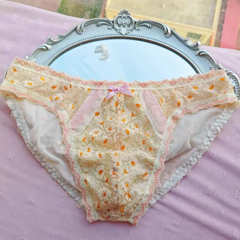 Сексуальные кружевные трусы с цветочным бантом, прозрачные сетчатые мужские трусы с выпуклой сумкой, удобное мягкое нижнее белье BF