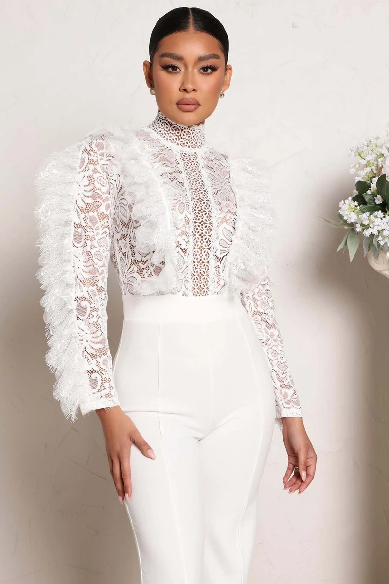 Elegant Lace Stiching Patchwork Wedding Evening Jumpsuit Long Sleeve Ruffle Sexy See Through One Pieces Party Overalls Rompers