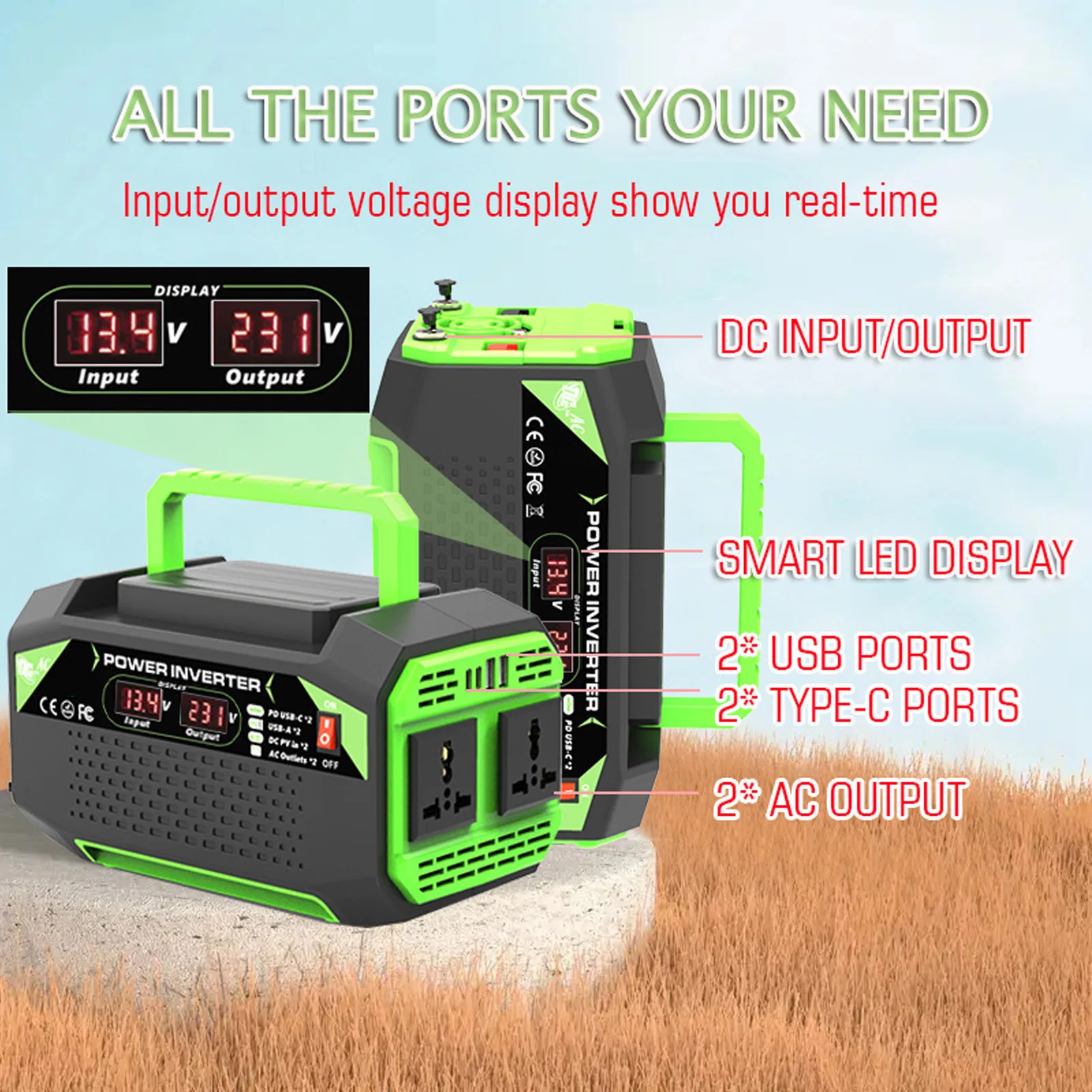 Convertitore sinusoidale modificato Doppie porte USB Ricarica rapida Doppie prese Display LCD intelligente Convertitore per auto da 300 W per i viaggi