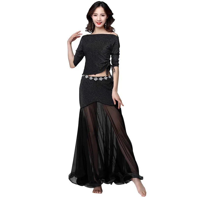 Buikdanskostuum Professioneel pak voor dames Mesh korte mouwen Top + sexy split lange rok 2 stuks Oosters danspak voor meisjes