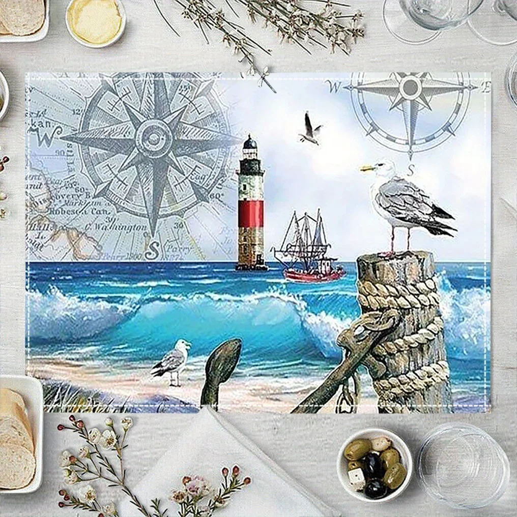1-Pack Linen Placemats,Nautical Sea Lighthouse & Shells Design, Washable Kitchen Dining Decor