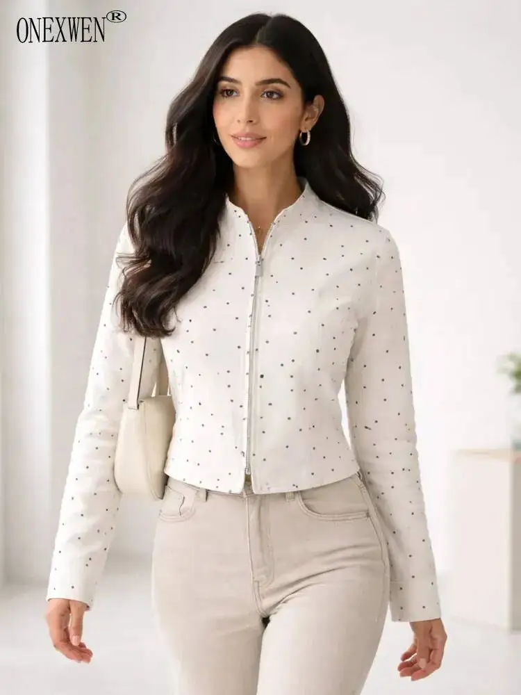 ONEXWEN Women White Polka Dot Denim Jacket Stand Collar Zip Up Long Sleeve Short Coat Casual Fashion Outerwear 2026 ZM5333
