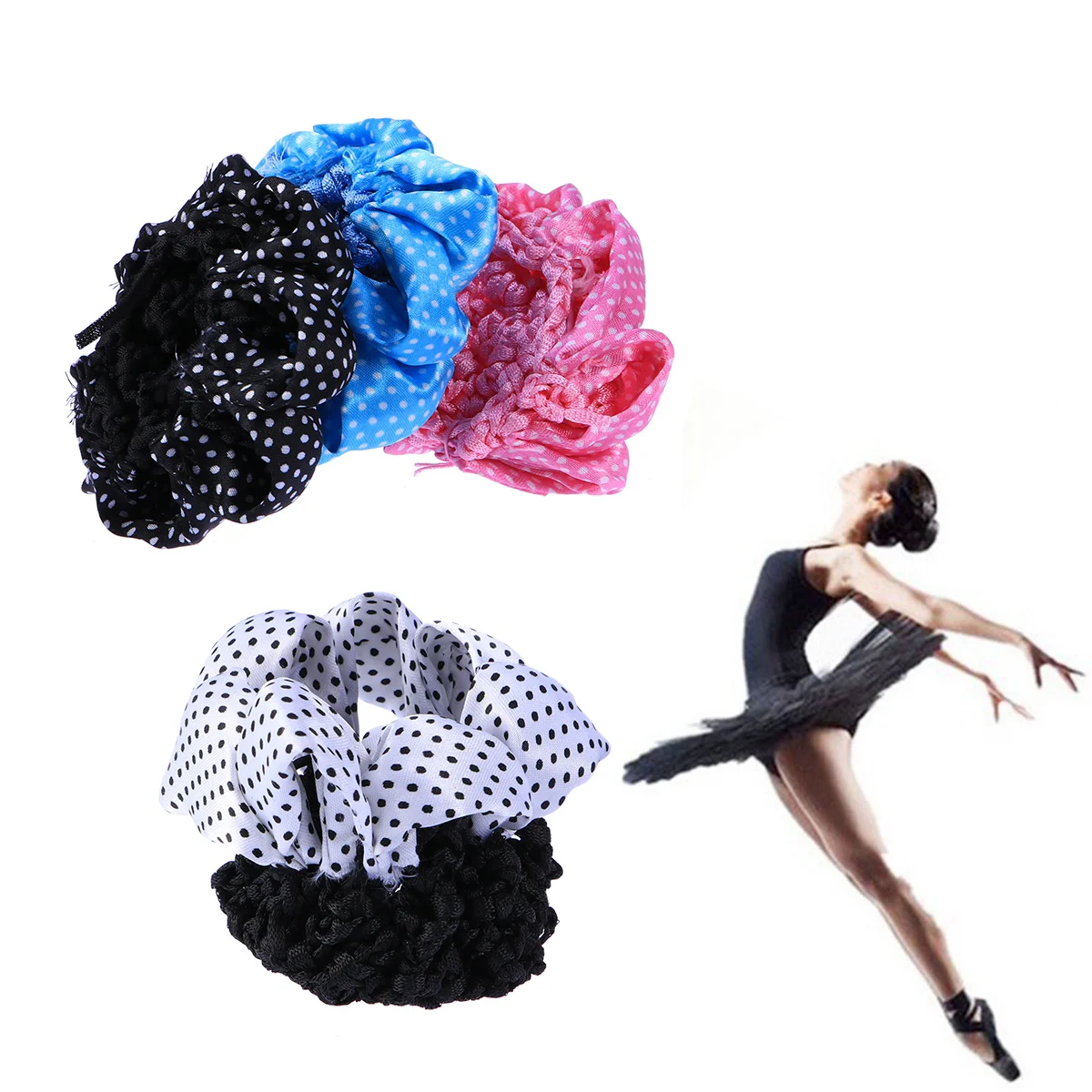 4pcs Elastic Hair Snood Net Satin Ruffles Hairnet Heardress for Ballet Dance Performance (Black + White + Blue + Pink)