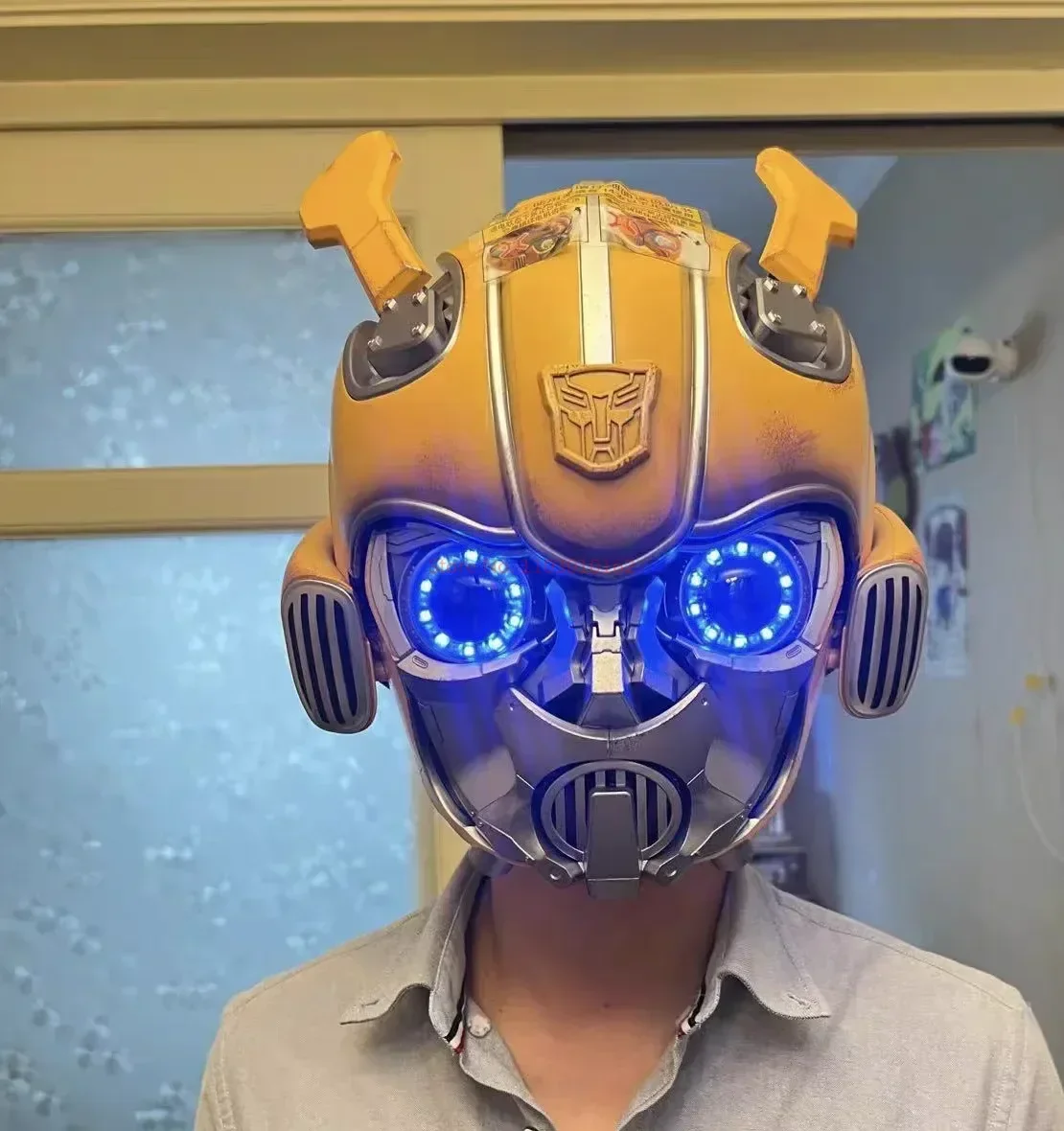 2024 Bumblebee Helmet English Voice Control Mask Bluetooth Base Light Up Eyes Action Collection Figure For Children Cool Gift