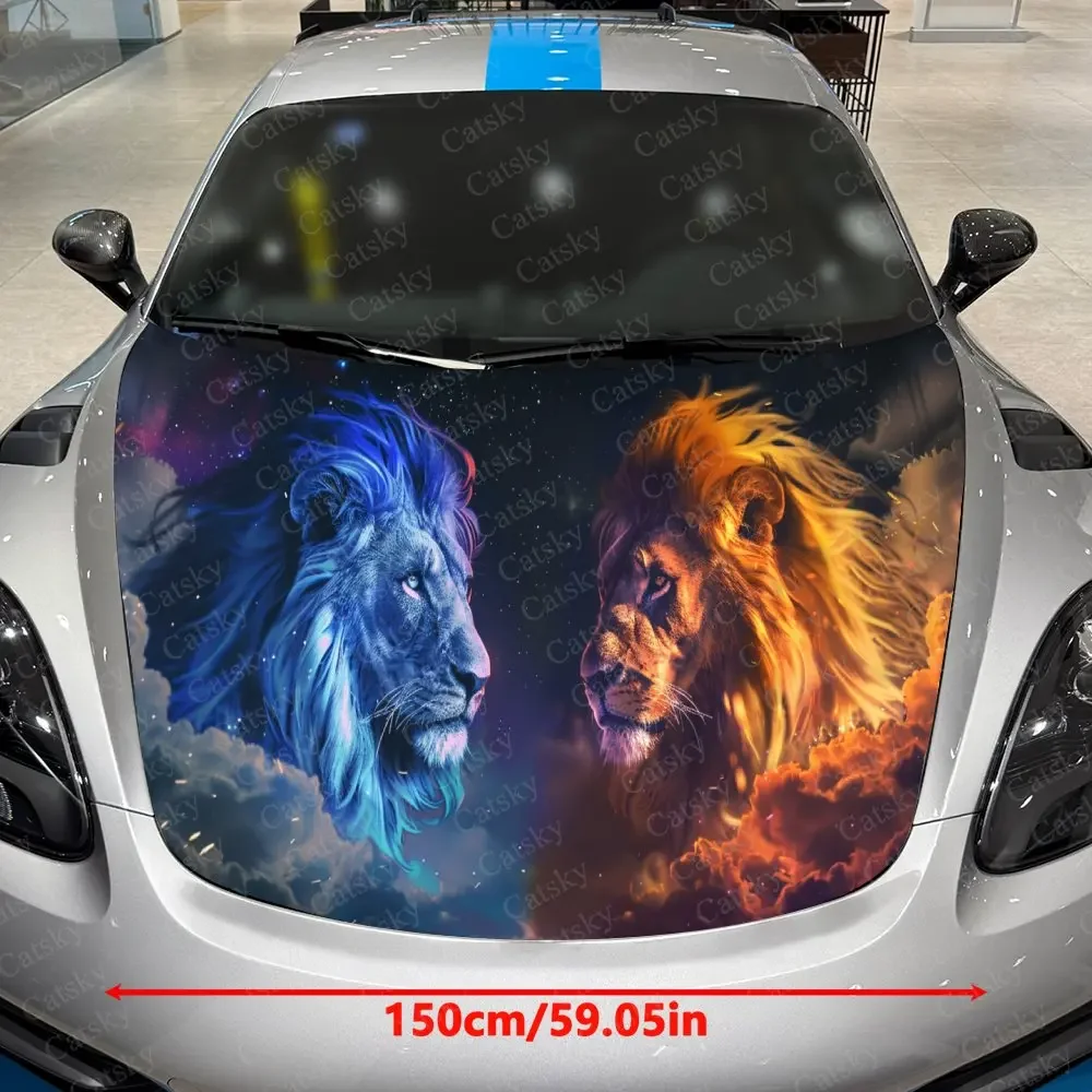 Blue Flame Starlight & Blazing Fire Lion Car Vinyl Wrap, PVC Material Waterproof Car Hood Sticker, Self-Adhesive Scratch-Resista