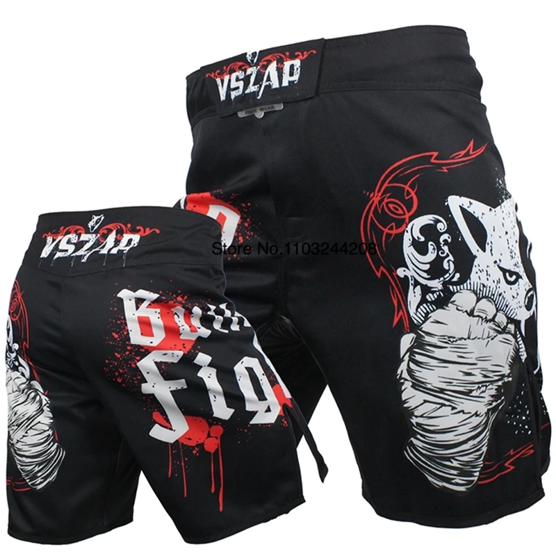 MMA Fight Shorts Vszap Kick Boxing Grappling Mens Muay Thai Cage Fighting Pants Wolf Print Mixed Martial Arts Training Clothing