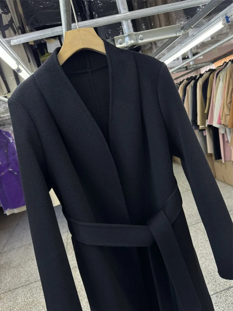 معطف نسائي من قماش الكشمير باللون الأسود على الوجهين من DFDG مع ياقة كتف مستقيمة طويلة 2025 معطف صوفي جديد ضيق برباط في مكان العمل #4