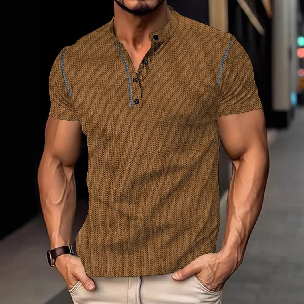 Men's Textured Henley T‑Shirt Short Sleeve Stand Collar Contrast Trim 4‑Button Placket Casual Tops