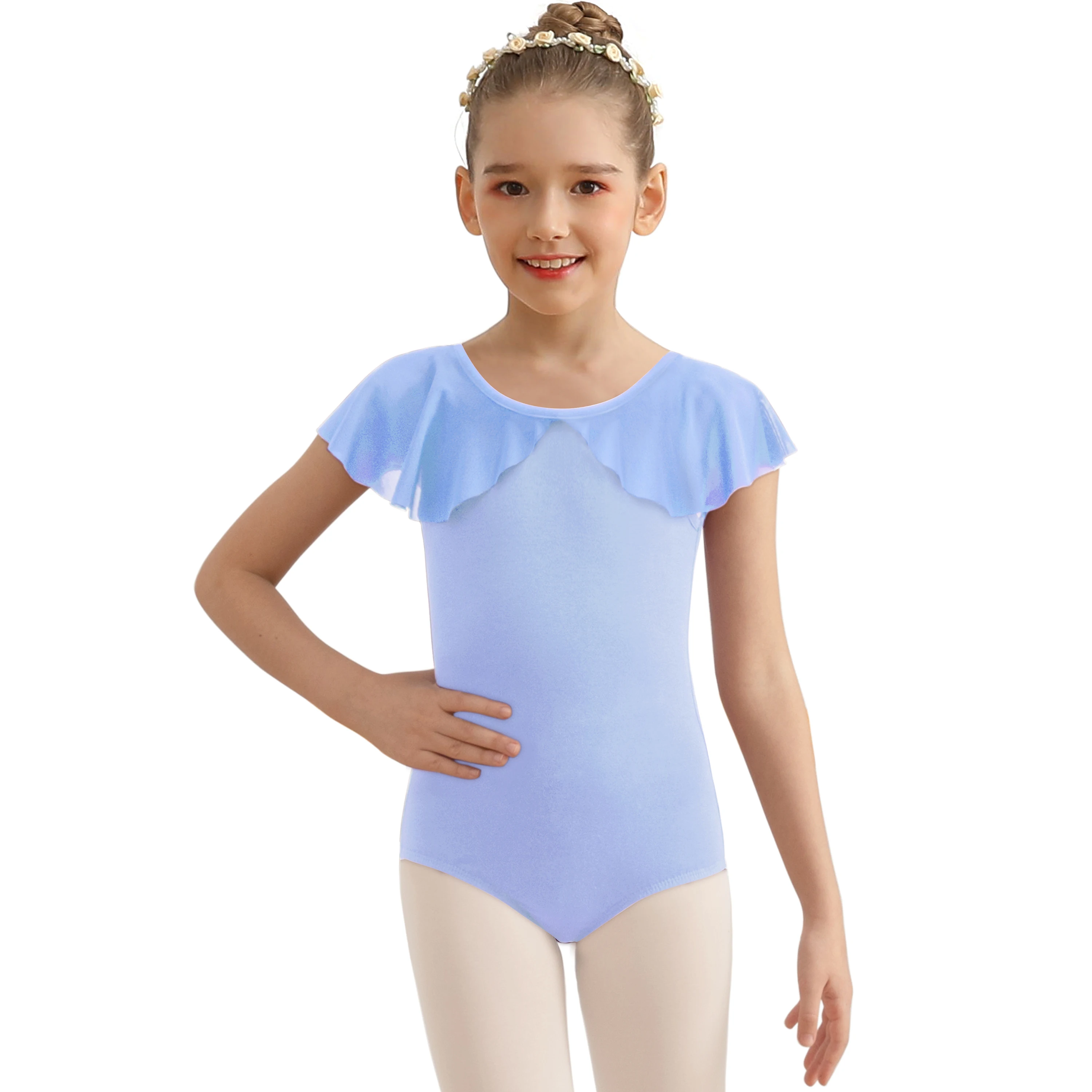 Girls’ Ballet Dance Leotards with Flutter Sleeve Petal Skirt and Bowknot Back