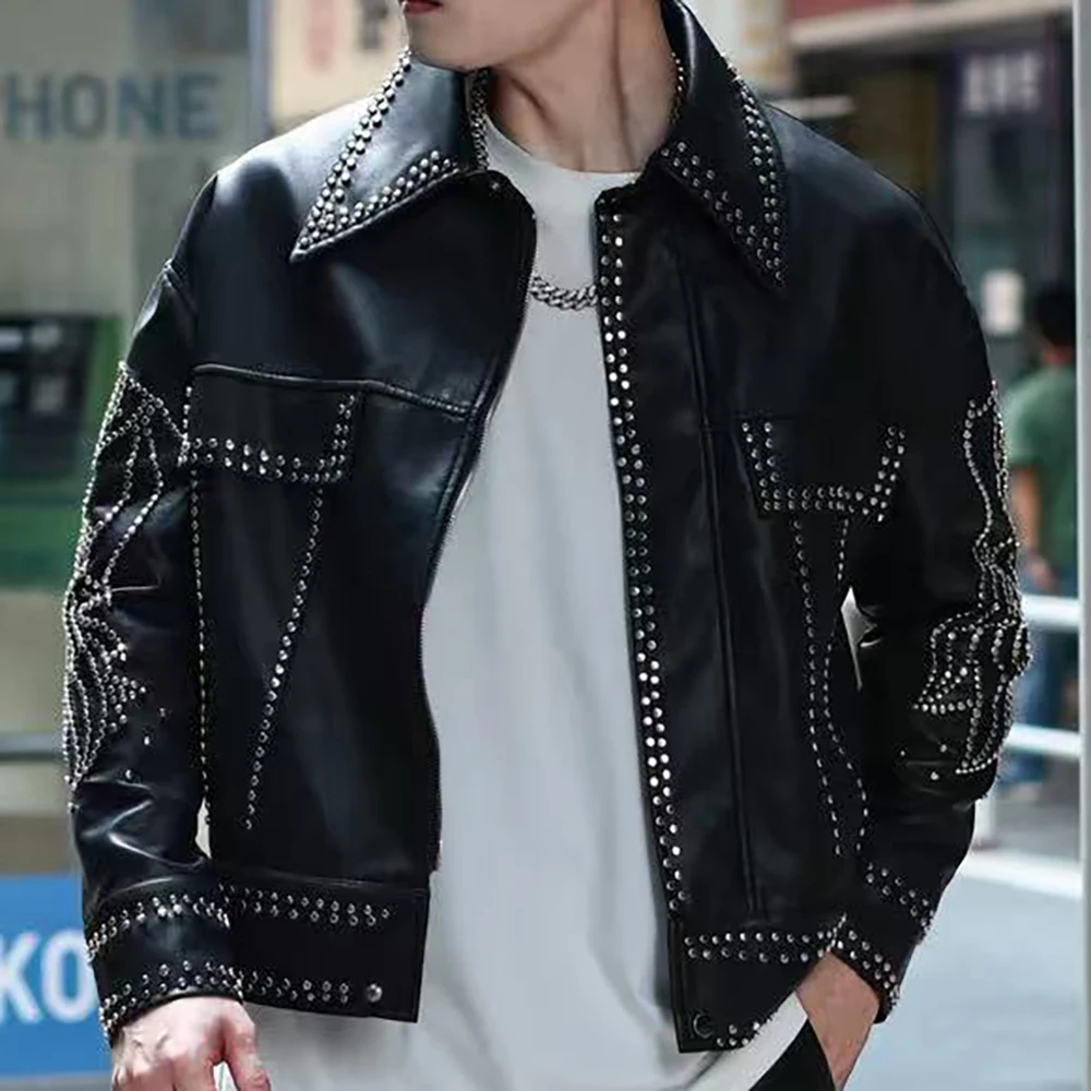 

Luxury Rivet Decoration Punk Club Outfit Men Leather Jacket 2026 Top Quality Autumn Winter Jacket Coat Jaqueta Bomber Jacket Men