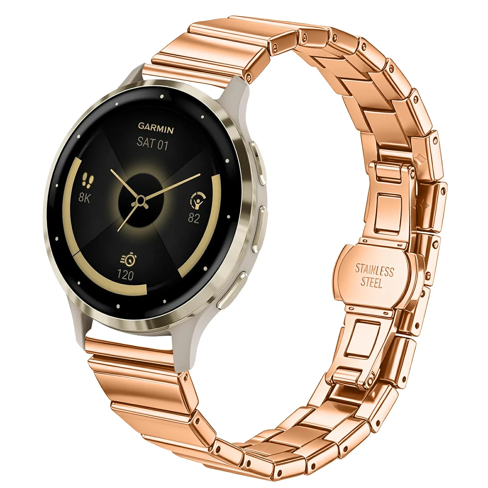 For Garmin Forerunner 265S Strap 18mm One-bead Stainless Steel Replacement Metal Watch Band with Butterfly Buckle - Rose Gold