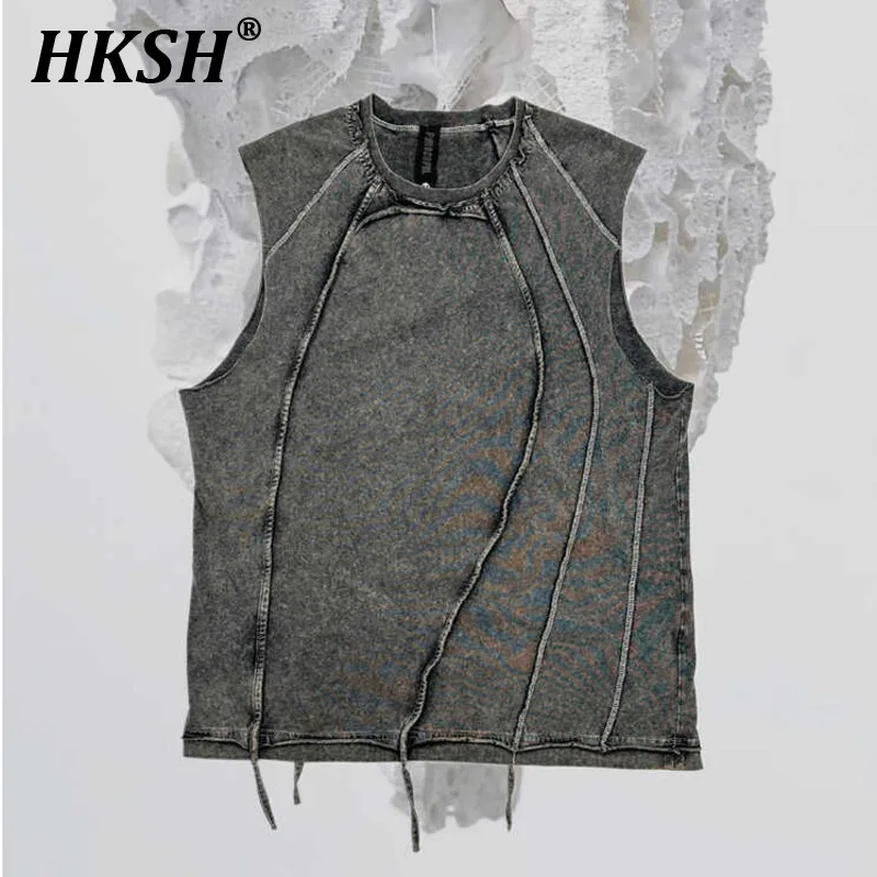 

HKSH Men's Waste Land Punk Vest Chic Asymmetric 3D Cut High Street Vintage Washed Tassel Sleeveless T-shirts Trendy Tide HK1565