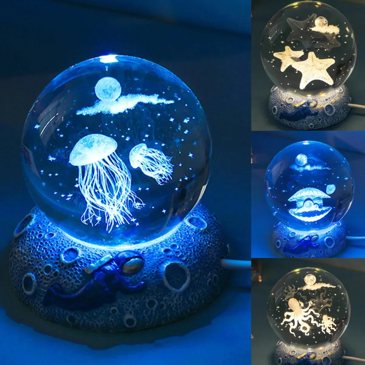 Crystal Ball Night Lights Glowing Sea Jellyfish Astronaut Table Lamp USB Atmosphere Lamp Table Decorations Kid Gifts Night Lamp