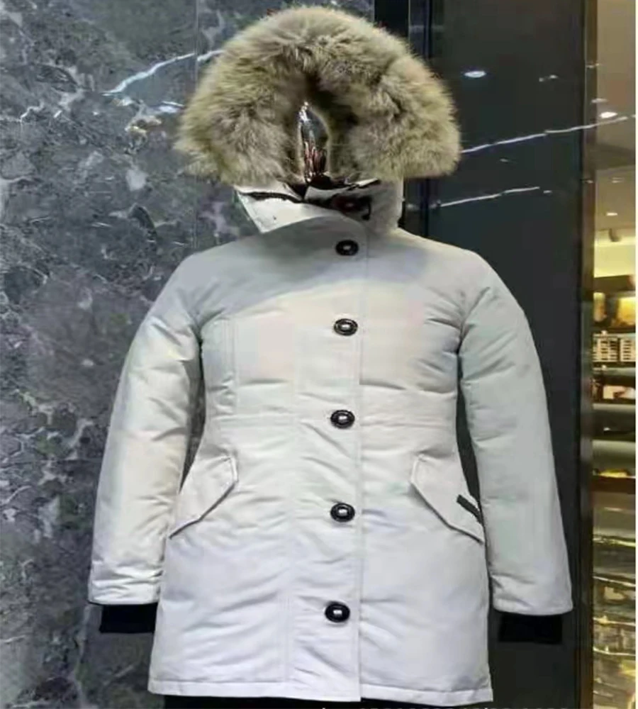 New Canada Style Women\'s Mid-Length Simple Casual Hooded Real Fur Collar White Duck Down Jacket