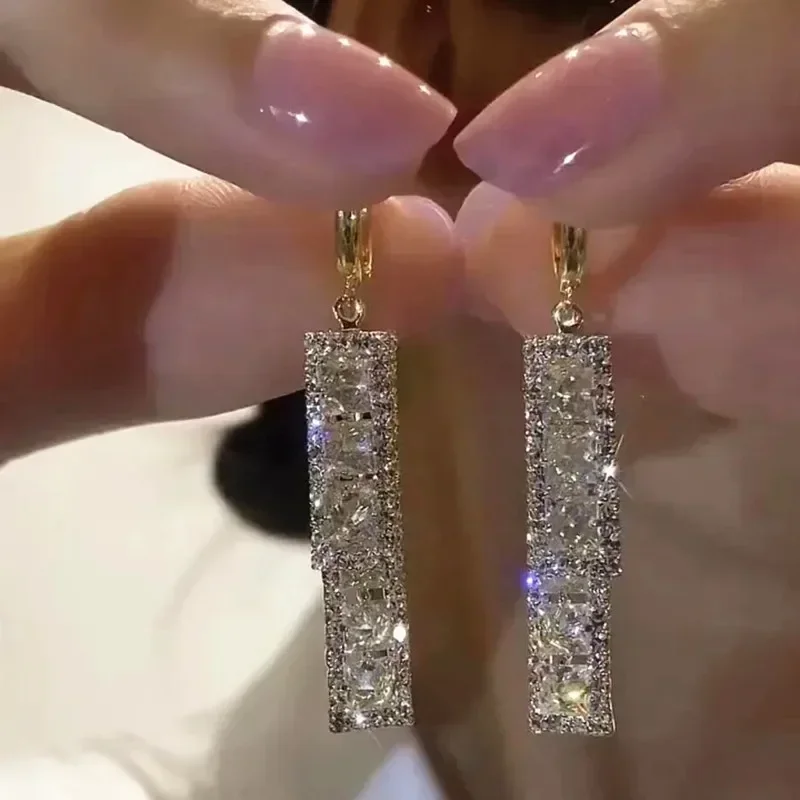 New Fashion Trend Unique Design Elegant and Exquisite Rectangular Zircon Earrings For Women Jewelry Wedding Party Premium Gifts