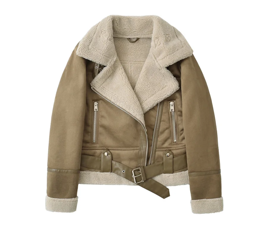 

Spanish latest autumn-winter style European-style suede leather and fur combined sheepskin warm coat for motorcycle wear for wom