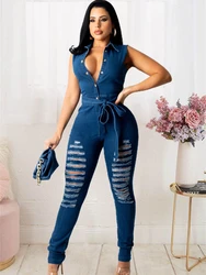 Streetwear Ripped Jeans Jumpsuits Summer Clothes Women 2024 Sleeveless With Belt Pencil Pants Denim Rompers One Pieces Overalls