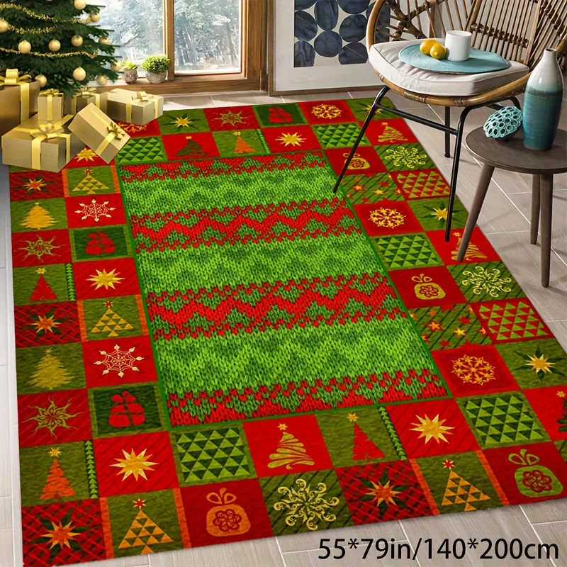 2D Flat Christmas Patchwork Area Rug, Red Green Check, Christmas Tree Snowflake Gift Print, Floor Decor for Living Room Bedroom