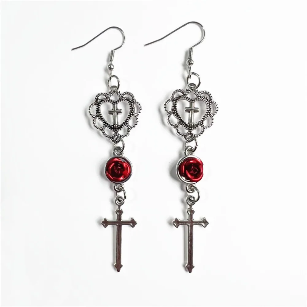 Charm Gothic Hollowed-out Heart Shape Lacework Red Rose Flower Cross Sword Dangle Earrings for Women Hallowmas Jewelry Gifts