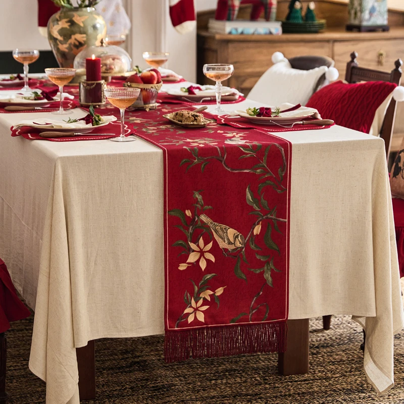 

Chinese Classical Table Runner Birds Sing Tablecloth Red Festive Holiday Atmosphere Cover Cloth Coffeetable Tablecloth Custom