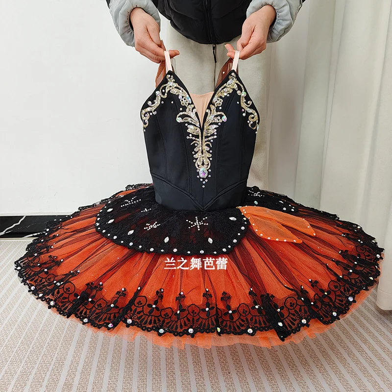Womens Thin Strap V Neck Ballet Tutu Performance Dress Gold Color Rhinestone Scroll Embroidery Black Lace Wavy Trim Black Orange