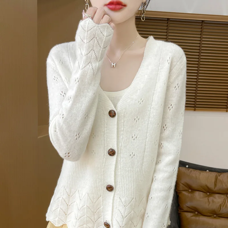 Spring and Autumn New Women's Clothing 100% Merino Wool V-neck Knitted Cardigan Fashionable Threaded Hollow Long Sleeve Tops