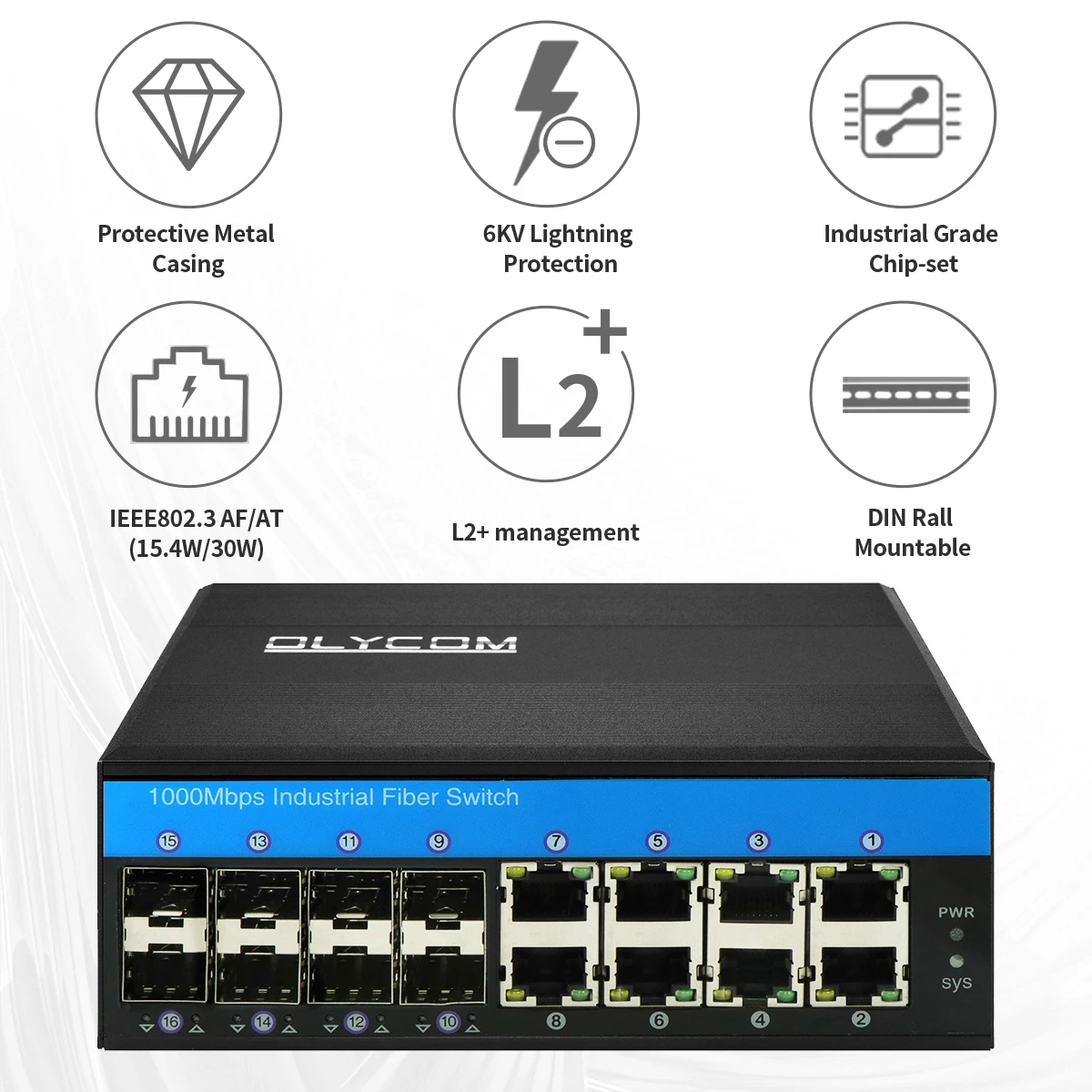 POE Switch 8 Port Managed Outdoor Switch L2 10/100/1000M 8 Port SFP with Din Rail Mounted Vlan QoS STP/RSTP