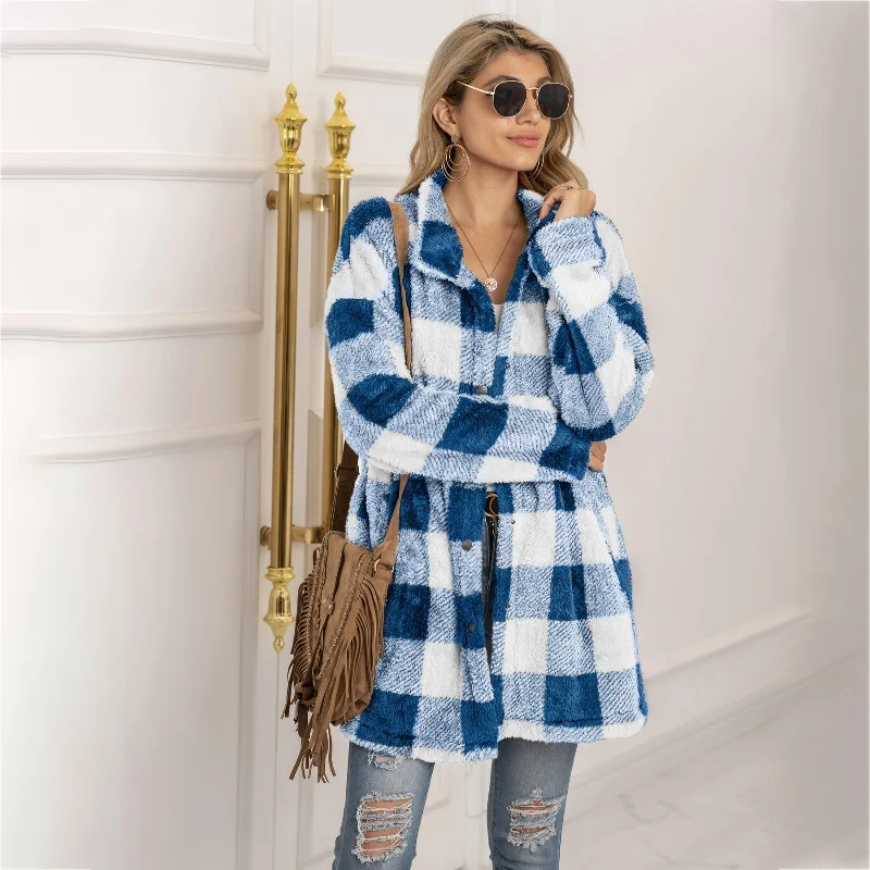 Autumn Winter Women's Plush Plaid Long Coat Fashion Casual Loose Long Sleeve Color Matching Plaid Lapel Jacket Fleece Warm Coat