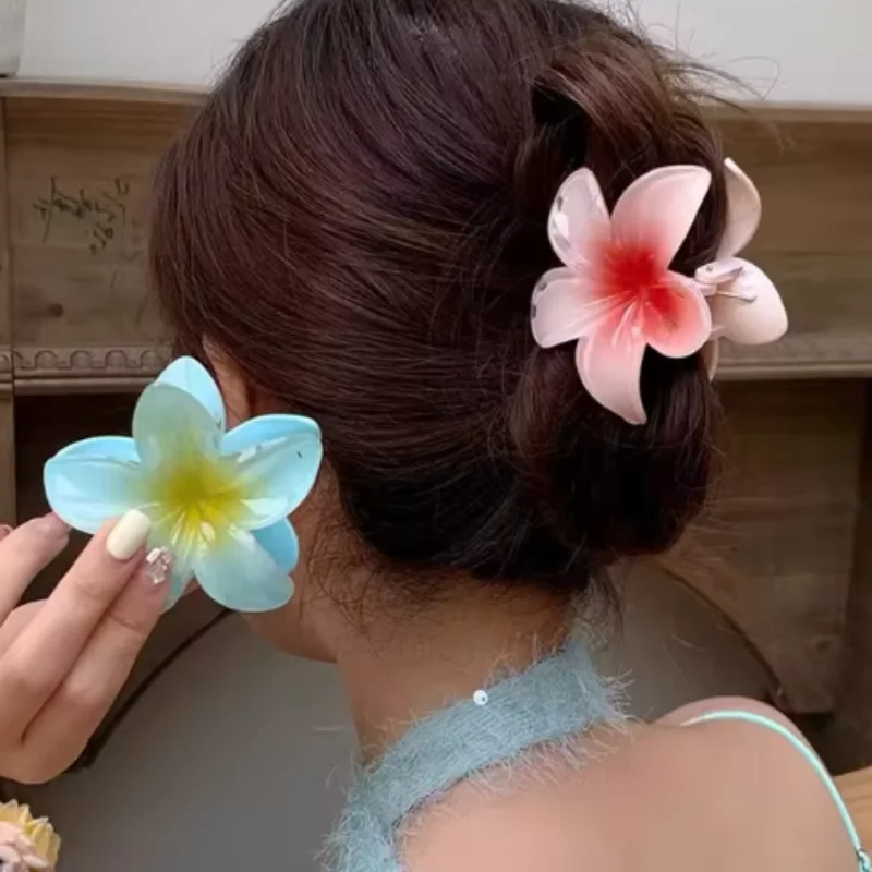 Fashion Gradient Color Flower Hair Claws Women Vintage Acrylic Large Shark Hair Clip Hairpin For Girls Hawaiian Hair Accessories