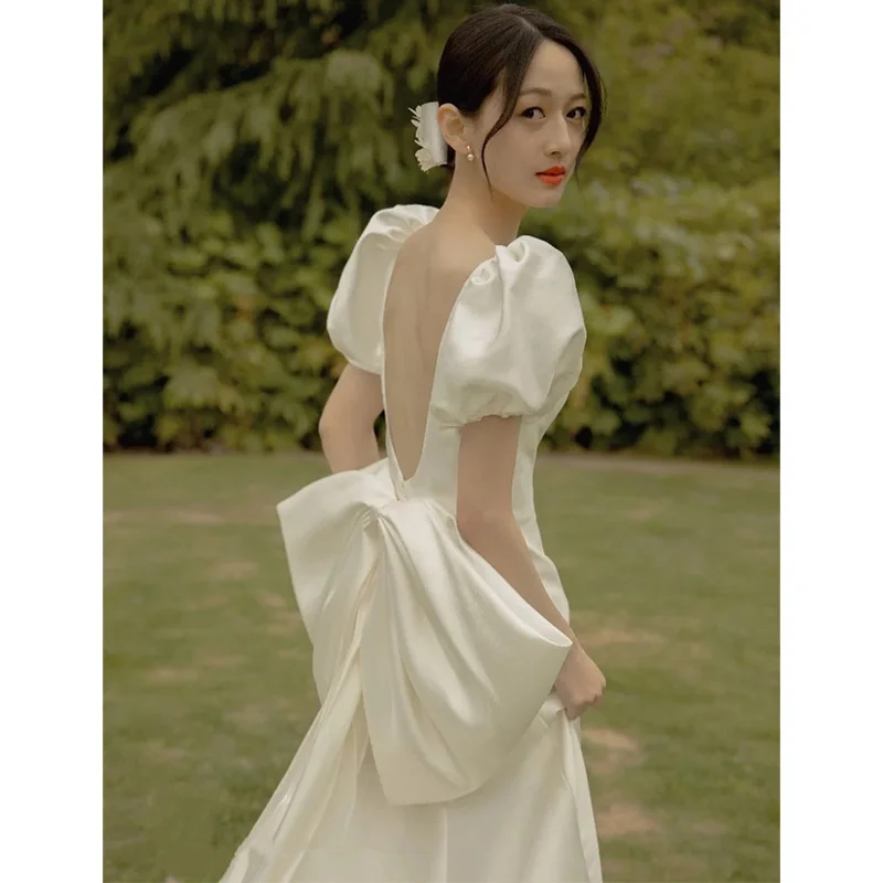 Sen series simple light wedding dress super fairy dream Satin go out dress backless outdoor travel Shoot Bride Wedding Toast