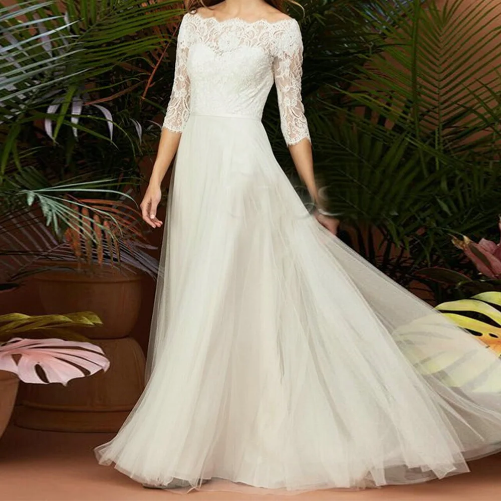 

Elegant Appliques A-Line Tulle Wedding Dress Boat Neck Floor Length Lace Delicate Sweep Train Off the Shoulder 3/4 Sleeves Gowns