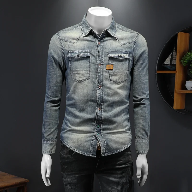 

Premium Quali Spring Season Men's Vintage Waed Denim irt Collared Splice Design Breathable Moisture ng Long Sve