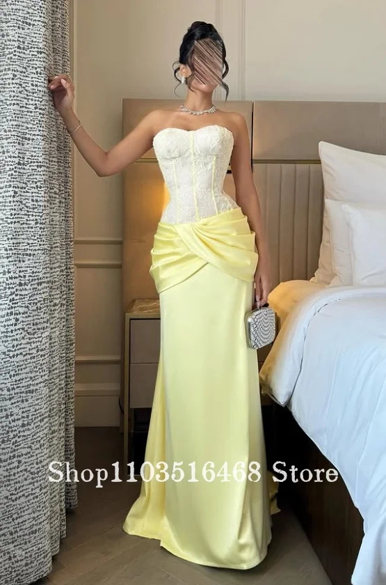 Vestido de fiesta personalizado de Oriente Medio, vestido estilo corsé de encaje sin tirantes, vestido de noche sencillo y elegante de color amarillo pálido, ocasiones formales